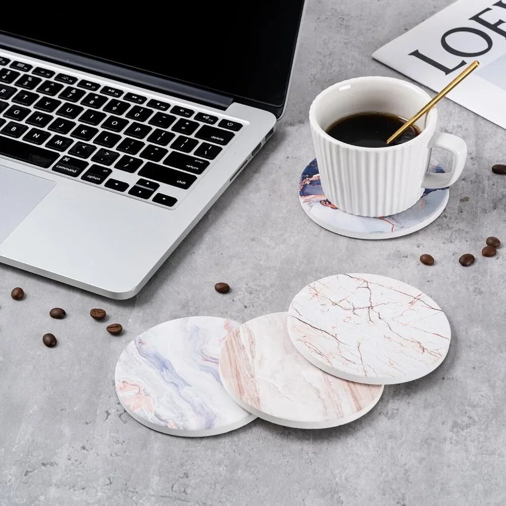 6Pcs Drink Coasters with Holder, Marble Style Ceramic Drink Coaster, Absorbent C